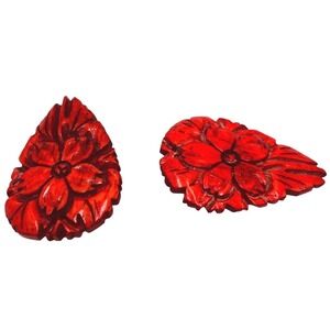 Art Deco Red Orange Carved BAKELITE fur Clips Pair Chinoiserie Flower gift idea